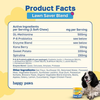 Happy Paws Lawn Saver Supplement, Probiotics for Dogs to Help Grass Stay Green & Prevent Lawn Burn, Digestive Health Support with Antioxidants & Fiber, Vegan Chicken Flavor, Non GMO, 200 Soft Chews