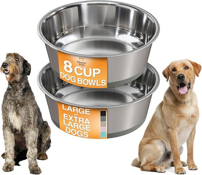 Neater Pet Brands Stainless Steel Dog Bowls with Non-Slip Rubber Bottom – Set of 2, 8 Cup (64 oz), Gray - Heavy Duty Metal Dog Bowl, Dishwasher Safe, Food or Water Bowl, Ideal for Large Dogs