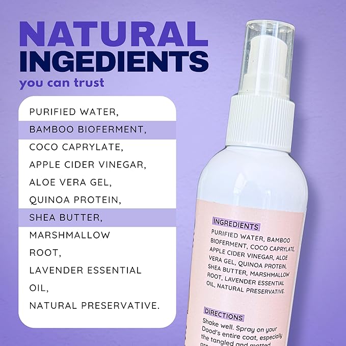 Dood Woof Dog Detangler Spray Dematting for Doodle - Natural Dog Leave in Conditioner Spray for Grooming and Mat Removal, Detangler Spray for Dogs Matted Hair, Puppy Poodle Detangler & Grooming