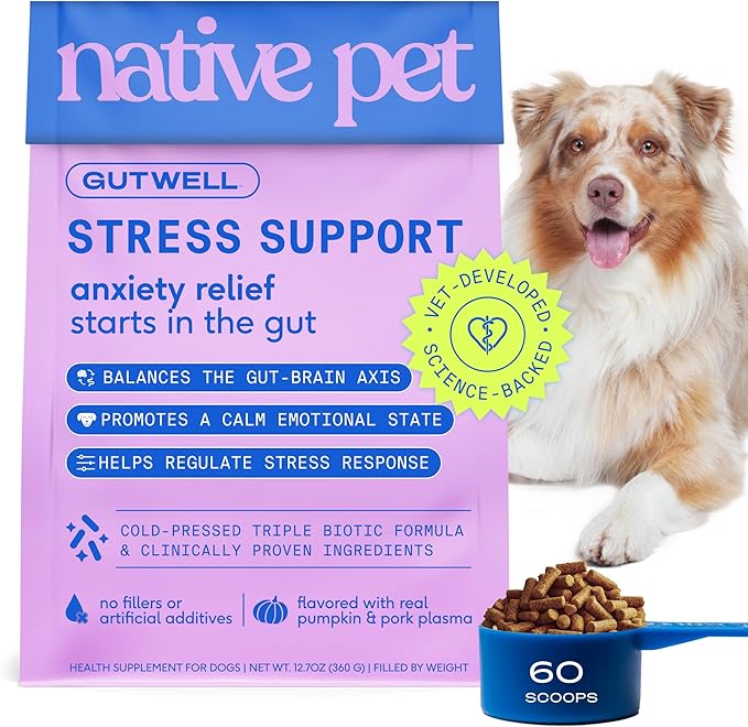 Native Pet GutWell Stress Support - Dog Anxiety Relief & Calming Supplement - Promotes Emotional Wellbeing, Regulates Stress Response & Balances Gut-Brain Axis - Triple-Biotic & Magnesium - 60 Scoops
