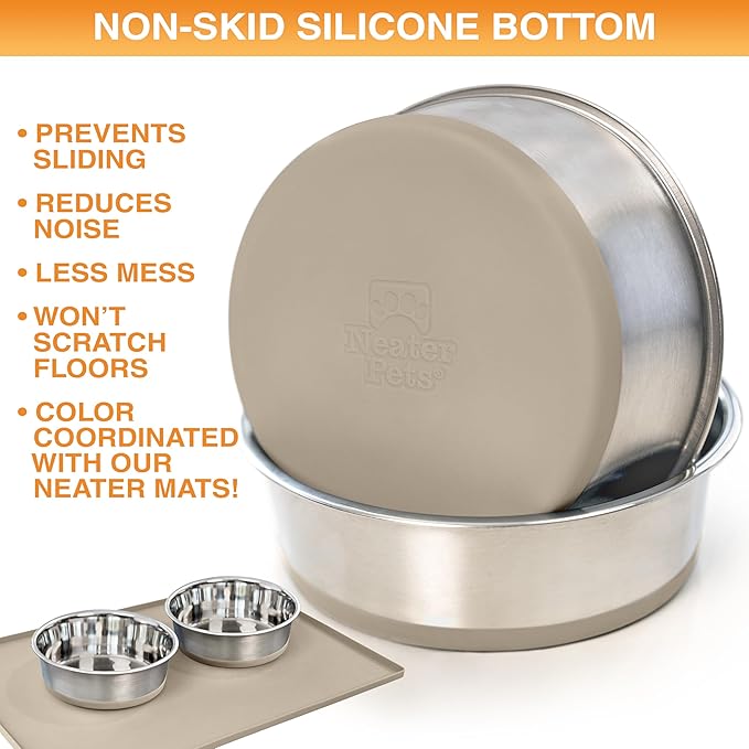 Neater Pet Brands Stainless Steel Dog Bowls with Non-Slip Rubber Bottom – Set of 2, 8 Cup (64 oz), Tan - Heavy Duty Metal Dog Bowl, Dishwasher Safe, Food or Water Bowl, Ideal for Large Dogs