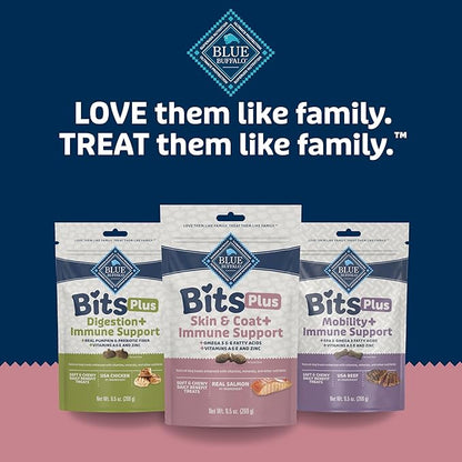 Blue Buffalo Blue Bits Plus Skin & Coat and Immune Support Daily Benefit Dog Treats, Soft & Chewy Salmon Morsels, 9.5-oz. Bag