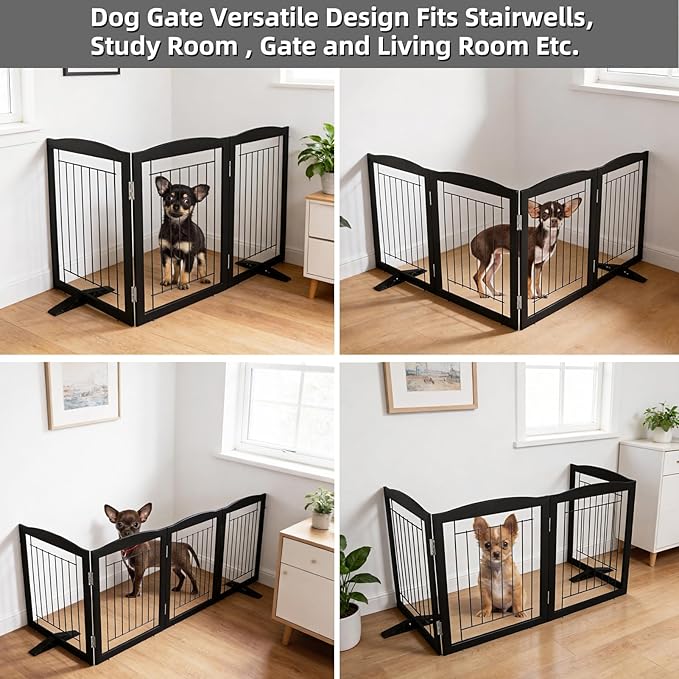 ZJSF Freestanding Dog Fence Indoor, Foldable Dog Gate for Doorways, Stairs or Hallways, Sturdy Wood Extra Wide Pet Gate with Support Feet for The House, Black, 32 "Height-3 Panels