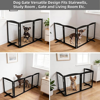 ZJSF Freestanding Dog Fence Indoor, Foldable Dog Gate for Doorways, Stairs or Hallways, Sturdy Wood Extra Wide Pet Gate with Support Feet for The House, Black, 24 "Height-3 Panels