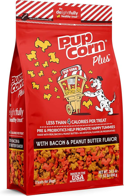 Pup Corn Plus - Puffed Dog Treats with Prebiotics and Probiotics - Bacon & Peanut Butter (24oz) - Made in USA (Pack of 2)