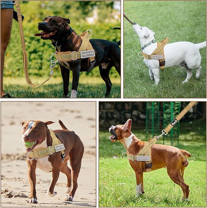 SlowTon No Pull Dog Harness - Heavy Duty Dog Harness and Leash Set for Medium Large Dogs, Reflective Tactical Harness with Soft Padded and Front Clip for Easy Walk and Training (Tan L)