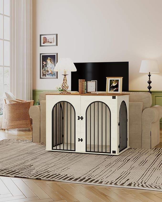 Hzuaneri 44.1" Wooden Dog Crate Furniture, Indoor Dog Kennel Dogs Cage for Small/Medium/Large Dogs, Heavy Duty Dog Crates Decorative Pet House End Side Table TV Stand, White Brown DFC83914B