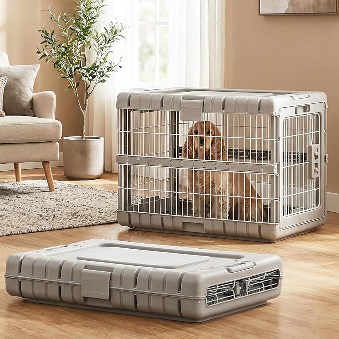 ZOMISIA Collapsible Dog Crate for Dogs - 28" L Heavy Duty Dog Kennel No Tools Required with 4 Sides Steel Foldable Cage for Dogs Indoor Furniture, Portable Carrier with 2 Smooth Wheels, Beige