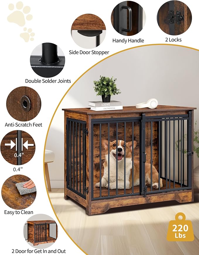 Hzuaneri 31.9" Dog Crate Furniture with Barn Door, Heavy Duty Dog Kennel Indoor with 2 Doors, Wooden Pet Cage End Table for Small Medium Dogs up to 44 lb, Anti-Chew Anti-Escape, Rustic Brown DFC83601B