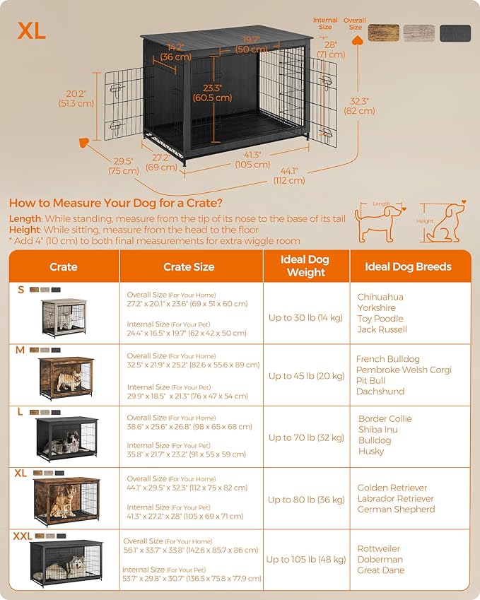 Feandrea 44.1" Dog Crate Furniture, Indoor Dog Cage Side End Table, XL Pet Wood Kennel for Large and Medium Dogs up to 80 lb with Multi-Purpose Removable Tray, Double-Door Pet House, Ink Black