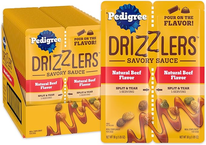 Pedigree Drizzlers for Dogs, Wet Dog Food Gravy Savory Sauce, Natural Beef Flavor, 60g Dual-Serving Pouch (22 Count, 44 Servings Total)