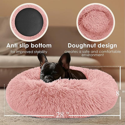28in Large Dog Bed, Medium Size Dog and Cats, Calming Donut Bed for Puppy and Kitten, Washable Round Fluffy Pet Bed (Pink)