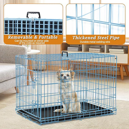 Dog Crate Dog Kennel Cage for Small Dogs, 24" Portable Foldable Indoor Outdoor Large Double Door Wire Metal Puppy Cat Pet Dog Cage with ABS Tray LC & Divider, Blue