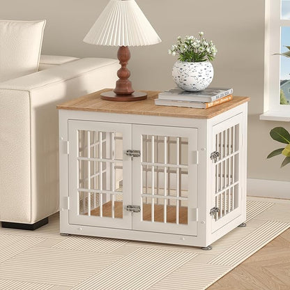 rehomerance 26 Inch Heavy Duty Dog Crate Furniture for Small Dogs, Decorative Pet House End Table, Wooden Cage Kennel Furniture Indoor, White and Natural
