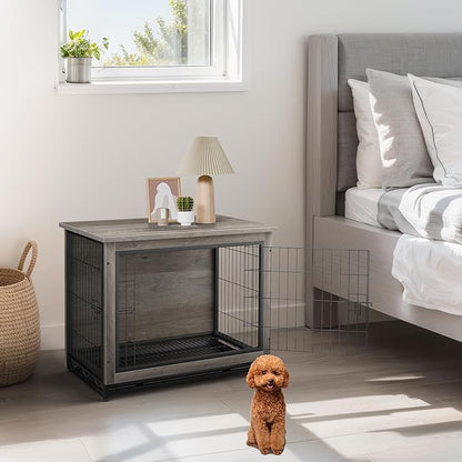 JY QAQA Dog Crate Furniture, Wooden Dog Crate Table, Double-Doors Dog Furniture, Indoor Kennel, Dog Cage/Grey/S