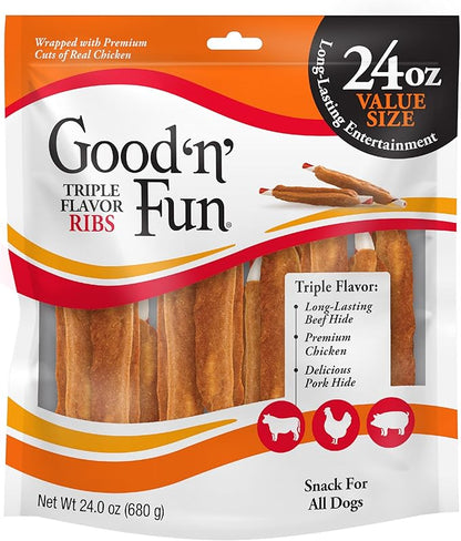 GOOD 'N' FUN Triple Flavor Ribs Chews for All Dogs, 24 Ounces, Treat Your Dog to Long-Lasting Chews Made with Beef Hide, Chicken and Pork Hide