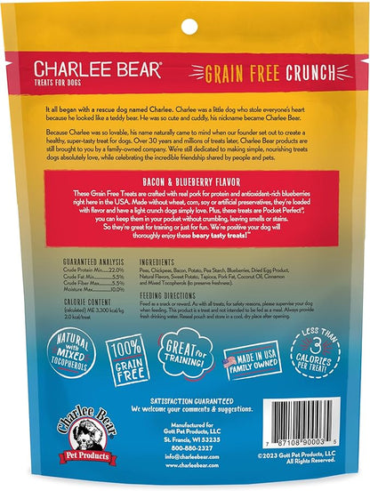 Charlee Bear Crunch Grain Free Dog Treats, Bacon and Blueberry, 8 Ounce Resealable Bag, Low Calorie Training Treats for Dogs, Limited Ingredient, Healthy, Crunchy Dog Snacks, Made in USA