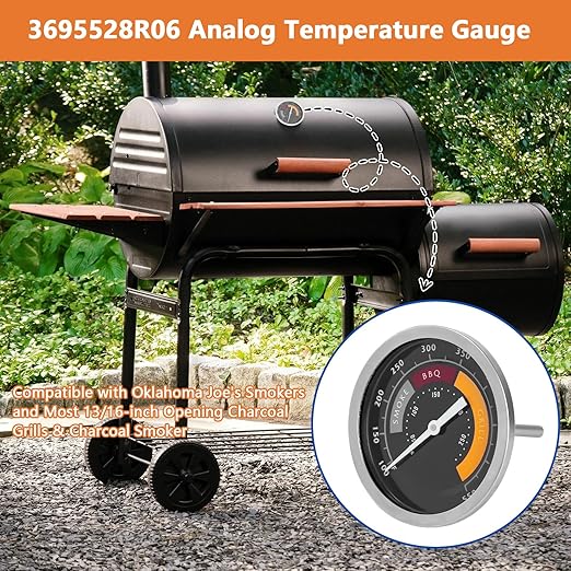 3695528R06 Analog Smoker Temperature Gauge Compatible with Oklahoma Joe's Smokers and Most 13/16-inch Opening Charcoal Grills & Charcoal Smokers, BBQ Temp Gauge Stainless Steel Thermometer (1pack)
