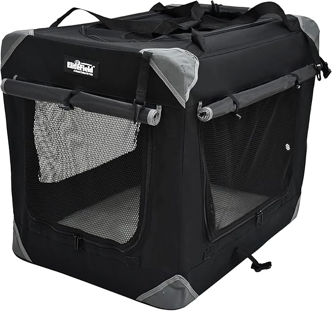 EliteField 4-Door Folding Soft Dog Crate with Curtains, Carrying Bag and Fleece Bed (2 Year Warranty), Indoor & Outdoor Pet Home (20" L x 14" W x 14" H, Black+4 Door Curtains)