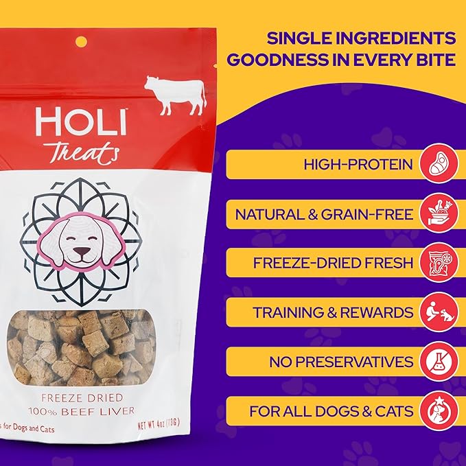 HOLI Freeze Dried Beef Liver Dog Treats – Single Ingredient Beef Dog Treats – Pasture Raised Liver Dog Treats Made in USA – Healthy Liver Treats for Dogs & Diabetic Dog Treat-Friendly - 4oz