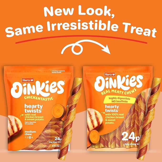 Hartz Oinkies Hearty Twists with Real Chicken & Sweet Potato Rawhide-Free Dog Treats, Highly Digestible Dog Chews, 24 Count