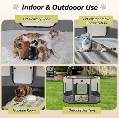 Rest-Eazzzy Dog Playpen, Foldable Kitten Playpen for Medium Dogs, Portable Pet Puppy Playpen with Removable Shade Cover, Indoor Outdoor Travel Camping Use for Small Pets with Carrying Case (S, Grey)