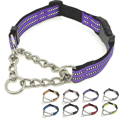 Martingale Dog Collars, Reflective Nylon Collar with Stainless Steel Chain, Adjustable Walking Training Dog Collars with Quick Release Buckle, Suitable for Small Medium Large Dogs(Purple,S)