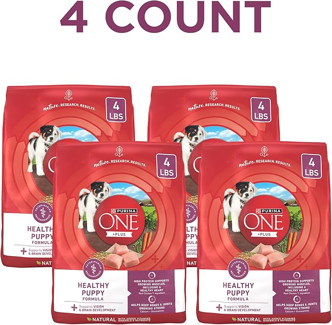 Purina ONE Plus Healthy Puppy Formula High Protein Natural Dry Puppy Food with added vitamins, minerals and nutrients - (Pack of 4) 4 lb. Bags
