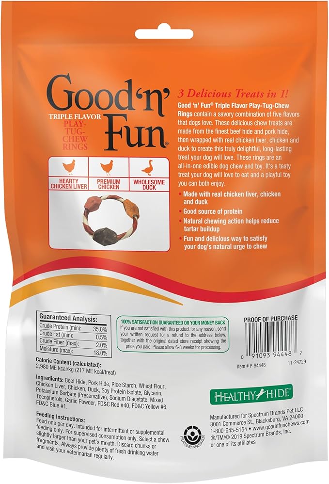 Good ’n’ Fun Triple Flavor Play-Tug-Chew Rings 4 Count, Snack For All Dogs