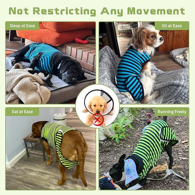 2 Packs Breathable Cotton Dog Recovery Suit for After Neuter Spay Abdominal Wounds Protector, Professional Anti-Licking Onesies for Male Female Pets Surgery Bandages, L Blue & Green Stripes