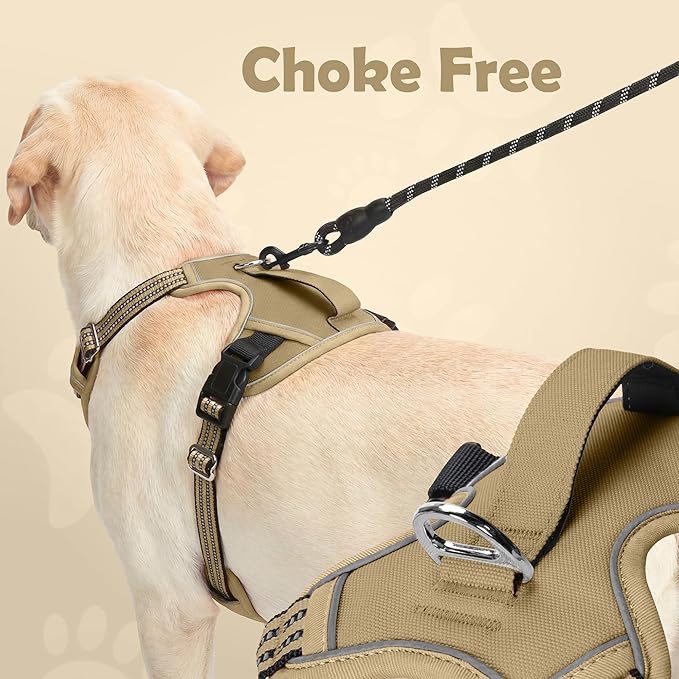Funfox Dog Harness No Pull, Adjustable Pet Vest Harness, Super Soft Material with Vertical Handle Easy Control, Reflective Night Walking, 2 Leash Clips for Large Dogs, Brown, L