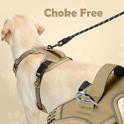 Funfox Dog Harness No Pull, Adjustable Pet Vest Harness, Super Soft Material with Vertical Handle Easy Control, Reflective Night Walking, 2 Leash Clips for Large Dogs, Brown, L