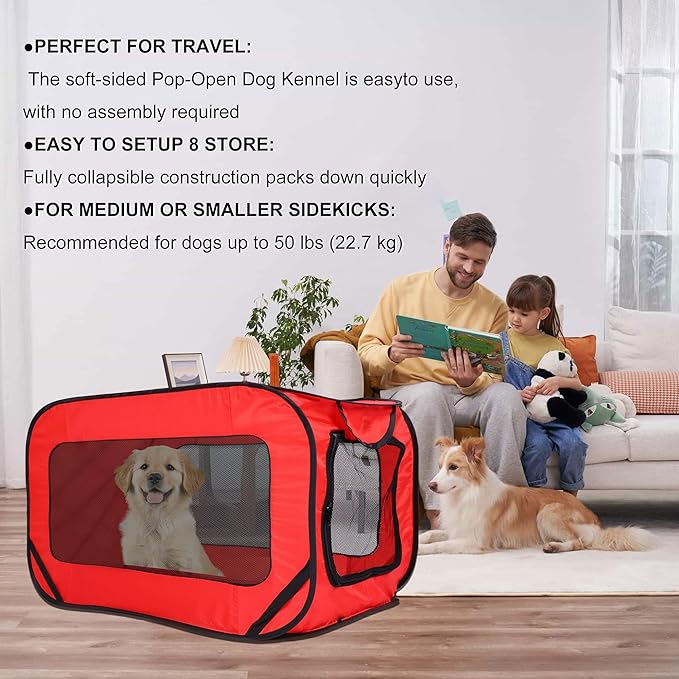 36 Inch Foldable Dog Crate for Mediun Dogs - Portable Travel Kennel with Mesh Windows & Waterproof Cover - Indoor Outdoor Pop-Up Dog Cage for Car, Camping (Red)