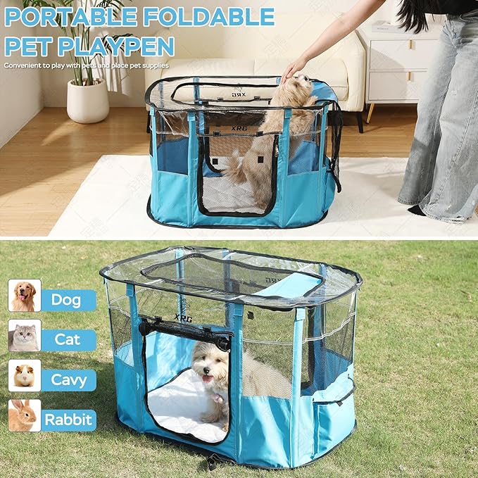 Portable Pet Playpen with Waterproof pad, Collapsible Crates Kennel Playpen for Dog cat and Rabbit &Travel playpen Outdoor or Indoor (Medium（31.5" L x 23.6" W x 21.7" H）, Clear Blue)