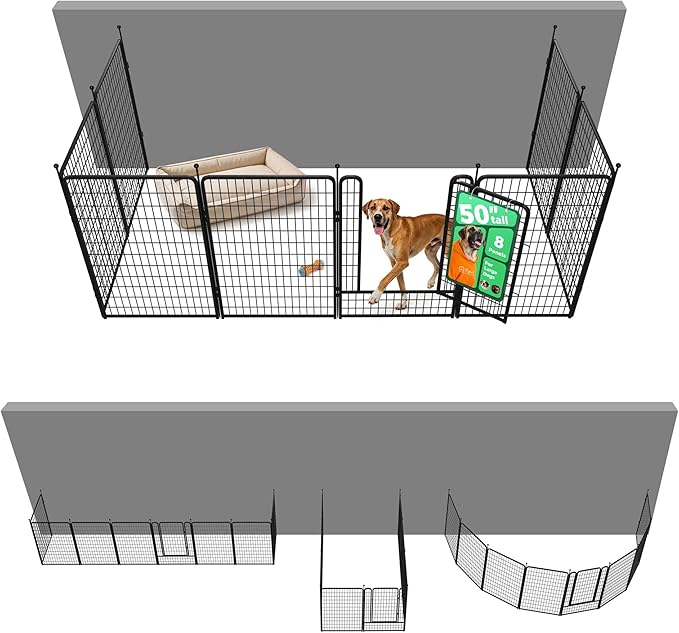 FXW Rollick Unleashed Dog Playpen for Indoor, Yard, RV Camping, 50 inch 8 Panels Dog Pen with Anchor Kit (4 Packs) for Large Dogs, Black│Patented