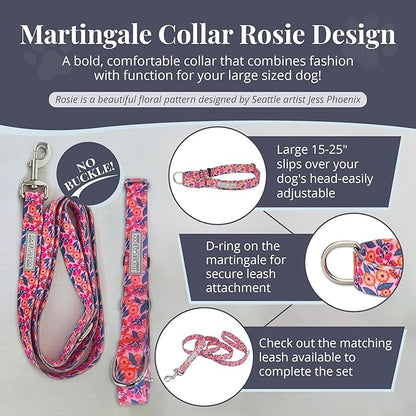 Lucky Love Dog Martingale Dog Collar - Adjustable, No-Slip, Durable, & Soft Webbing Collar for Male and Female Dogs Ideal for Training & Walking - Rosie, Large