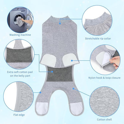2 Packs Breathable Cotton Dog Recovery Suit for After Neuter Spay Abdominal Wounds Protector, Professional Anti-Licking Onesies for Male Female Pets Surgery Bandages, XL Grey Blue Pure