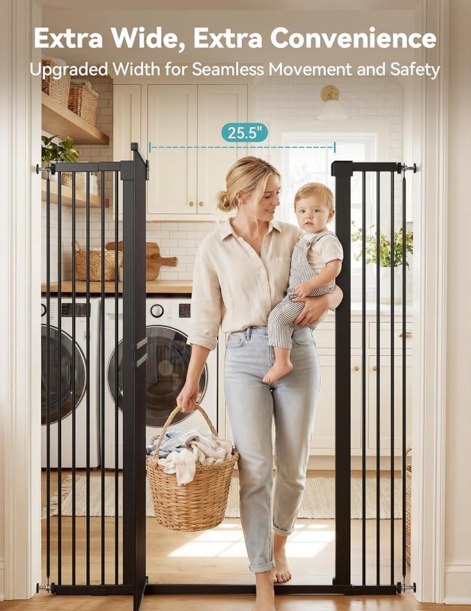No Pawblems 55" Extra Tall Pet Gate for Cat/Dog, 31.5-48" Wide Auto Close Tall Cat Gate with 25.6" Wide Walk-Thru Door Opening, 1.37" Ultra Narrow Spacing, NO Drilling Pressure Mounted, Black