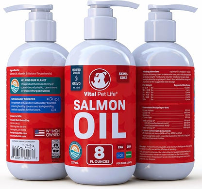 Salmon Oil for Dogs & Cats - Healthy Skin & Coat, Fish Oil, Omega 3 EPA DHA, Liquid Food Supplement for Pets, All Natural, Supports Joint & Bone Health, Natural Allergy & Inflammation Defense, 8 oz