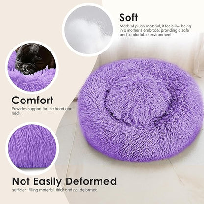 Dogs Bed for Small Dogs, Anti-Anxiety Washable Round Bed (Purple, 24.0" L x 24.0" W x 8.0" Th)