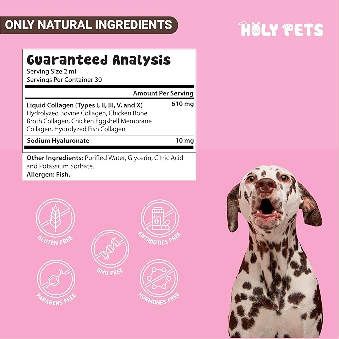 Grass-Fed Liquid Collagen for Dogs & Cats – 5 Types I, II, III, V, X – Joint, Skin & Coat Support – Hyaluronic Acid – Hydrolyzed Bovine, Fish & Chicken Collagen – 2oz, 30 Servings