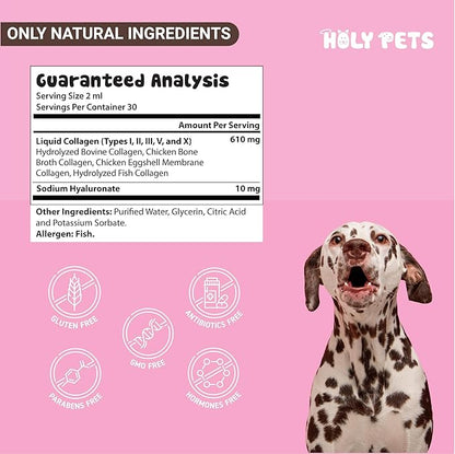 Grass-Fed Liquid Collagen for Dogs & Cats – 5 Types I, II, III, V, X – Joint, Skin & Coat Support – Hyaluronic Acid – Hydrolyzed Bovine, Fish & Chicken Collagen – 2oz, 30 Servings
