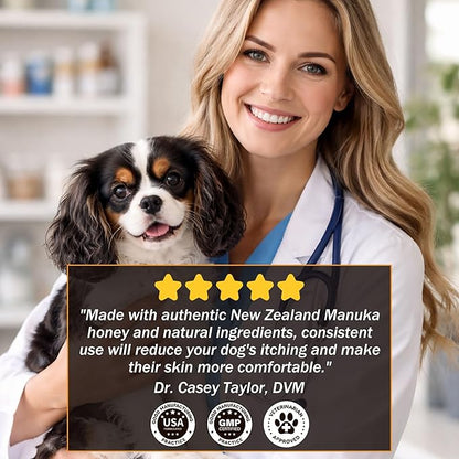 Manuka Honey for Dogs - Allergy Relief & Anti Itch Skin - Comfort and Coat Health - Manuka Honey, Krill Oil, Colostrum, Quercetin, Probiotics, Kelp Powder - 120 Soft Chews