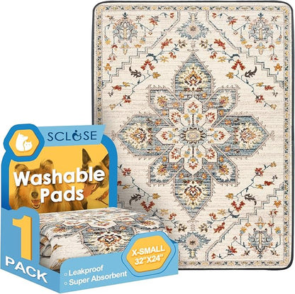 SCLOSE Washable Pee Pad for Dogs, 32" x 24" Reusable Puppy Pads Waterproof Dog Rugs, Super Absorbent, Leakproof, Dog Crate Pad, Playpen Mat, Whelping Pads, White Medallion