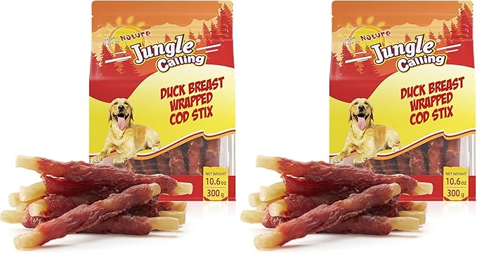 Jungle Calling Duck Wrapped Cod Sticks Dog Treats, Rawhide Free Training Rewards Snacks for Dogs, Natural Chewy Sticks Treats, 10.6oz (Pack of 2)