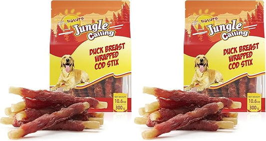 Jungle Calling Duck Wrapped Cod Sticks Dog Treats, Rawhide Free Training Rewards Snacks for Dogs, Natural Chewy Sticks Treats, 10.6oz (Pack of 2)