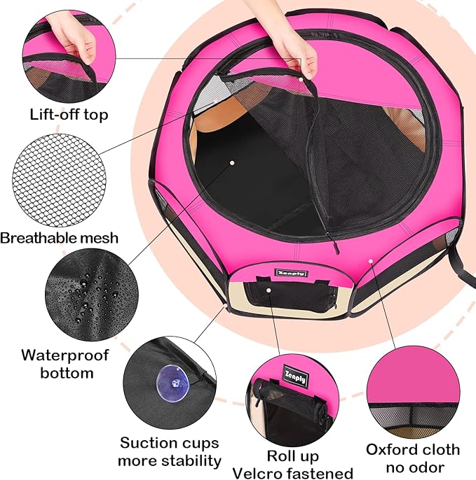 Portable Pet Dog Playpen, Pet Playpen Foldable Extra Heavy Duty Pop Up No Assembly Kennel Tent Crate Indoor Outdoor with Shade Ventilation Mesh for Small Animals, Kitten, Cat, Rabbit (Hot Pink)