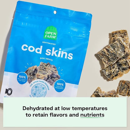 Open Farm, Dehydrated Dog Treats, High Protein & Low Carbohydrate Cod Skins, Crunchy Texture, Single Ingredient Wild-Caught Cod Skins Recipe, 2.25oz Pouch