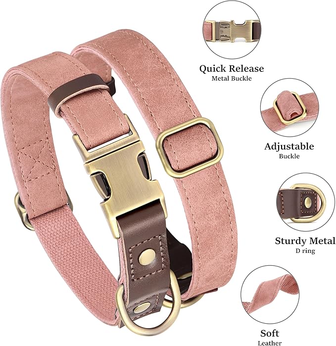 Didog Soft PU Leather Dog Collar for Large Dogs,Classic Adjustable Dog Collars with Quick Release Metal Buckle,Easy Clean and Comfortable with Nylon Lining,Pink,L Neck 16-23"