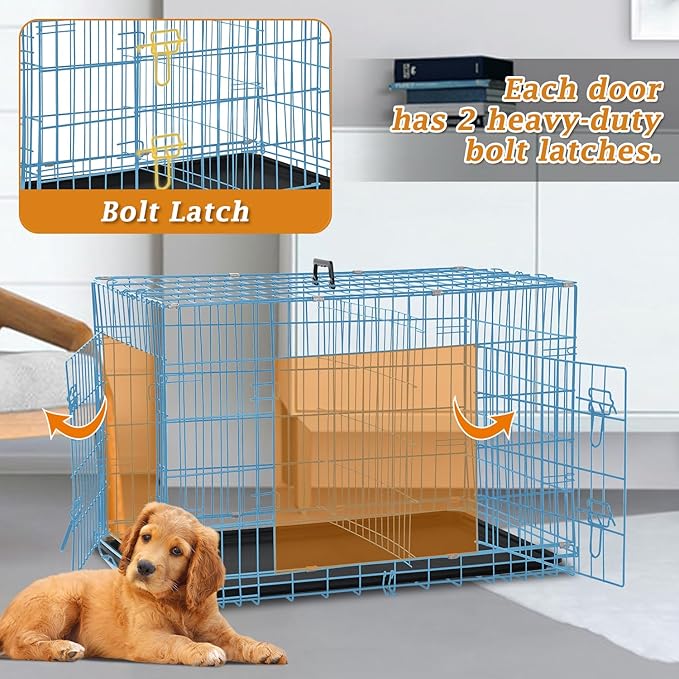 Dog Crate Dog Kennel Cage for Small Dogs, 24" Portable Foldable Indoor Outdoor Large Double Door Wire Metal Puppy Cat Pet Dog Cage with ABS Tray LC & Divider, Blue